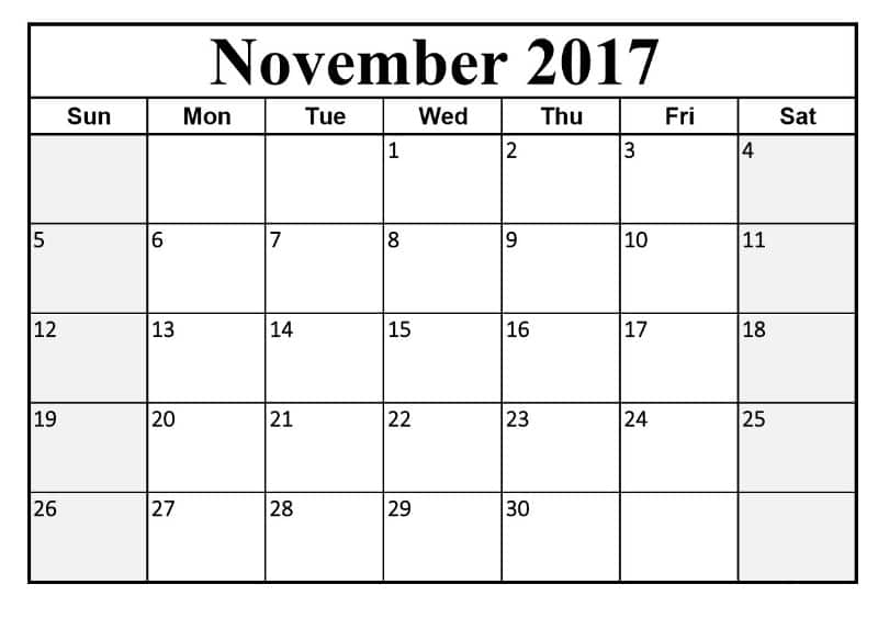 November 2017 Calendar With Holidays