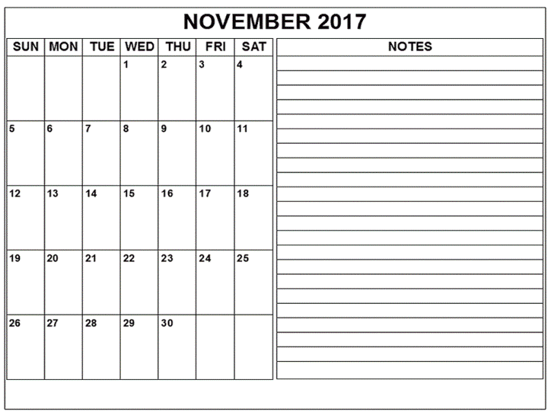November Calendar 2017 Printable
