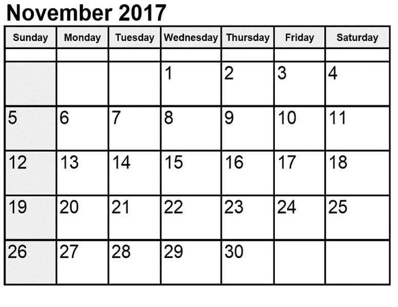 November Calendar 2017 Word