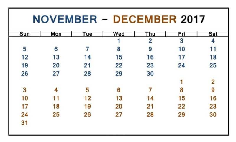 November December 2017 Calendar Printable