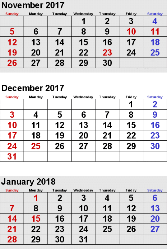 November December 2017 Calendar