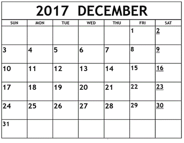 Printable 2017 December Calendar Template