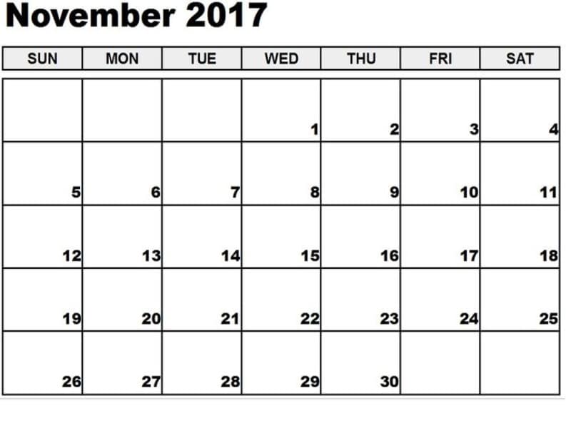 Printable Blank Calendar 2017 November