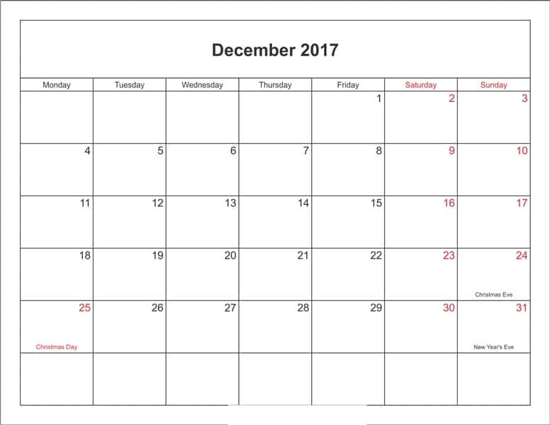 Printable December 2017 Calendar Template