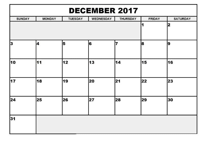 Printable December 2017 Calendar Template
