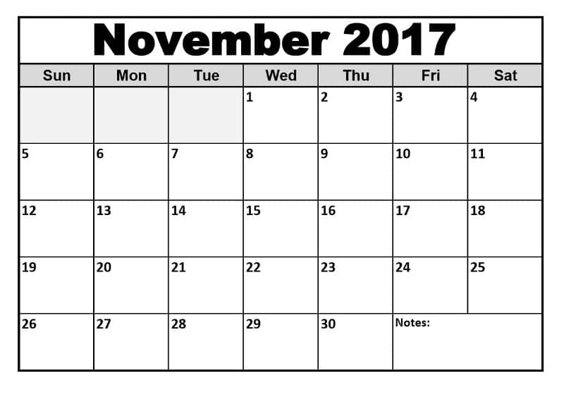 Printable November 2017 Calendar Template