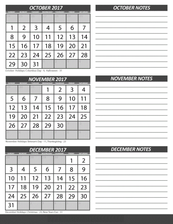 Printable November December 2017 Calendar Template