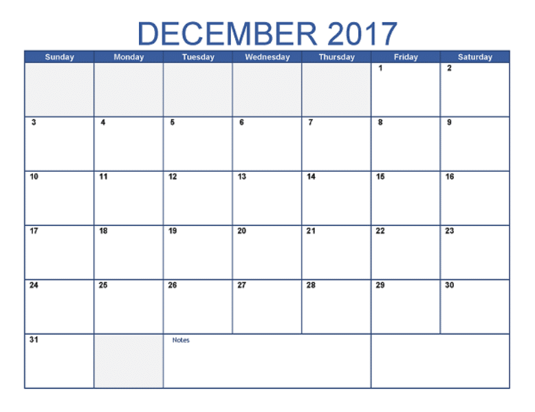 2017 Printable December Calendar