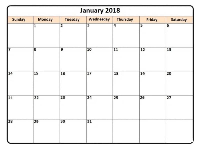 2018 Calendar January Template