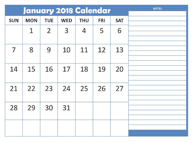 2018 January Calendar Printable