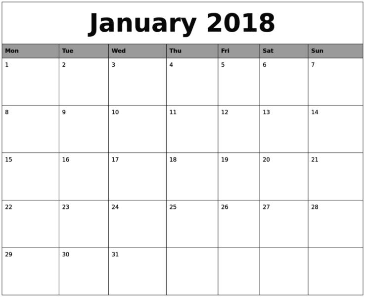 2018 January Calendar Template