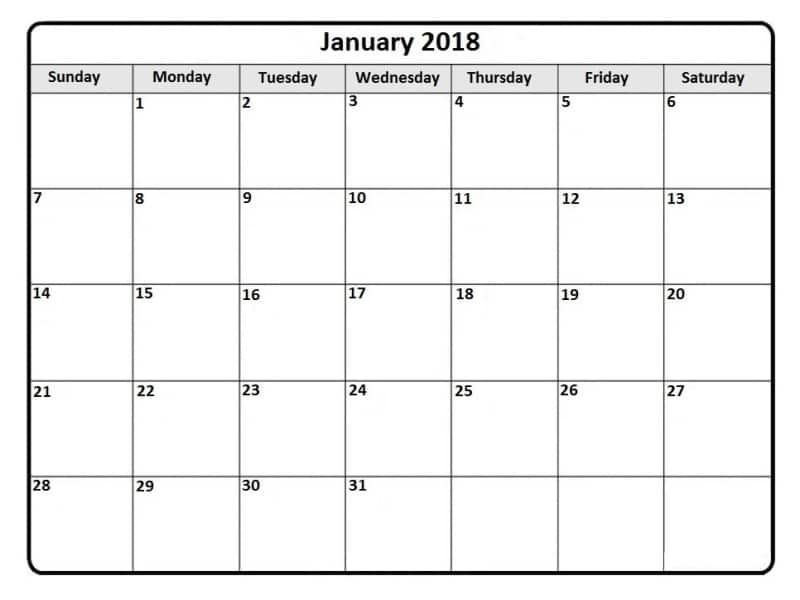 Blank Calendar 2018 January