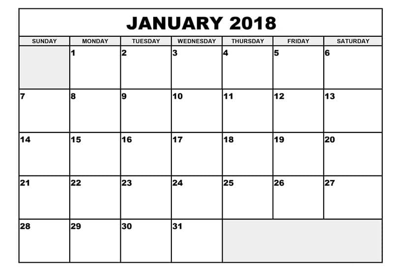 Blank Calendar January 2018