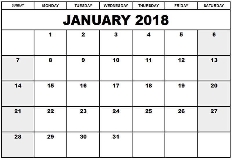 Calendar 2018 January Printable