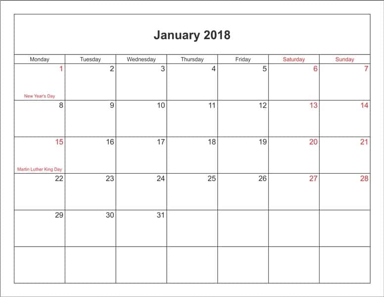 Calendar 2018 January With Holidays