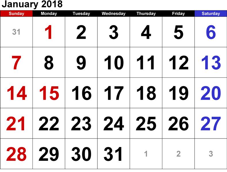 Calendar 2018 Printable January Template