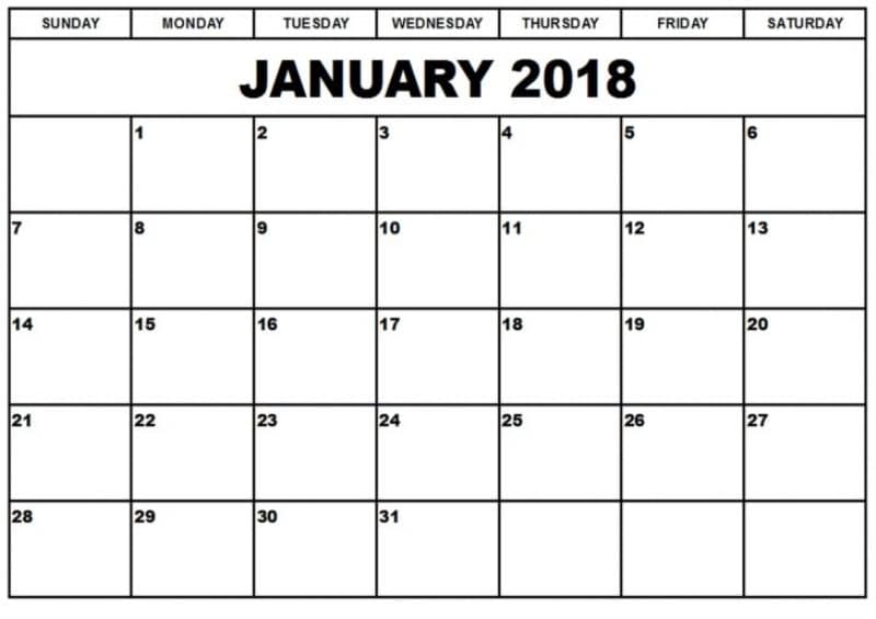 Calendar January 2018 Printable