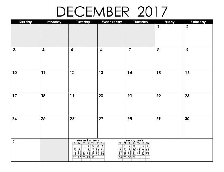 December 2017 Calendar Printable