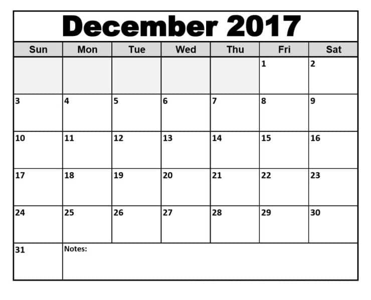 December 2017 Printable Calendar Template