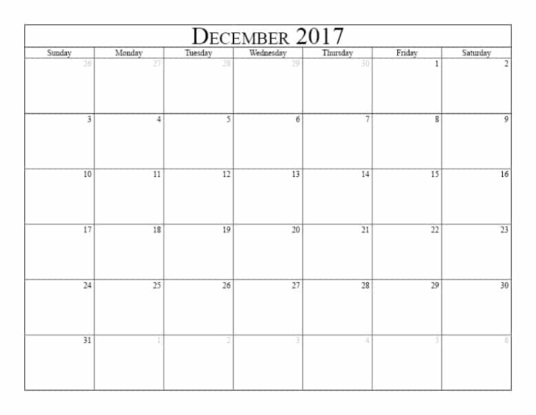December 2017 Calendar Start Friday
