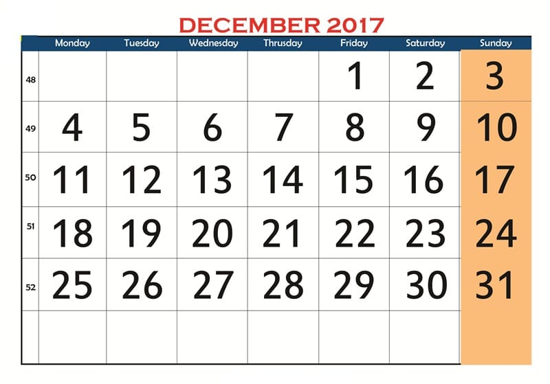 December 2017 Colored Calendar