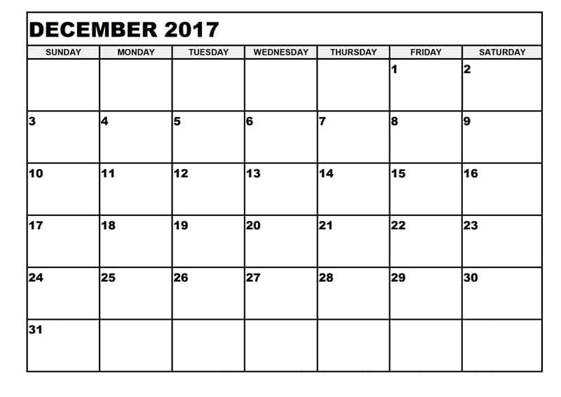 December 2017 Printable Calendar