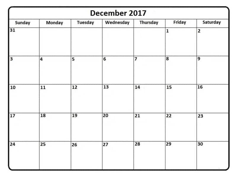 December Calendar 2017 Printable
