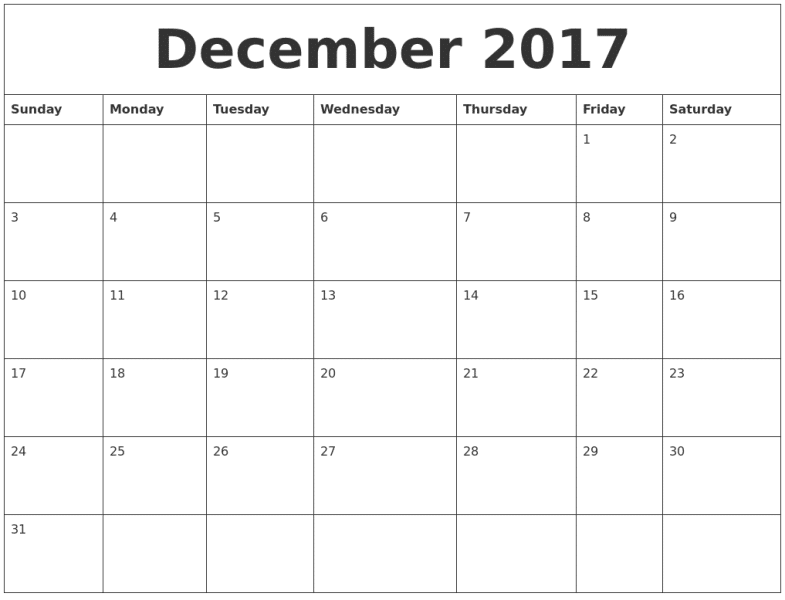 December Calendar 2017 Template