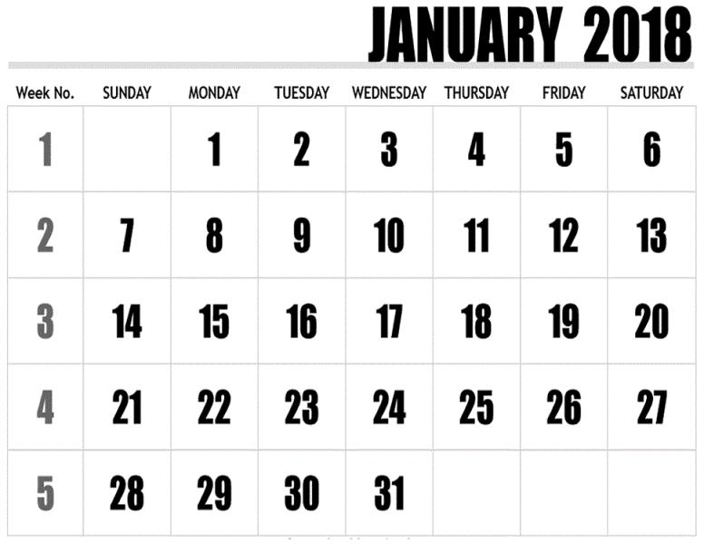 January 2018 Calendar Printable Template