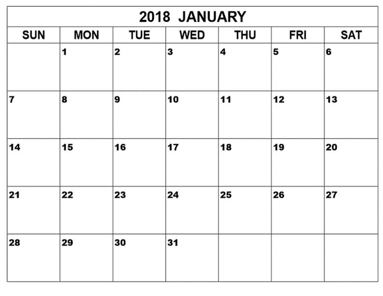 January Calendar 2018 Printable