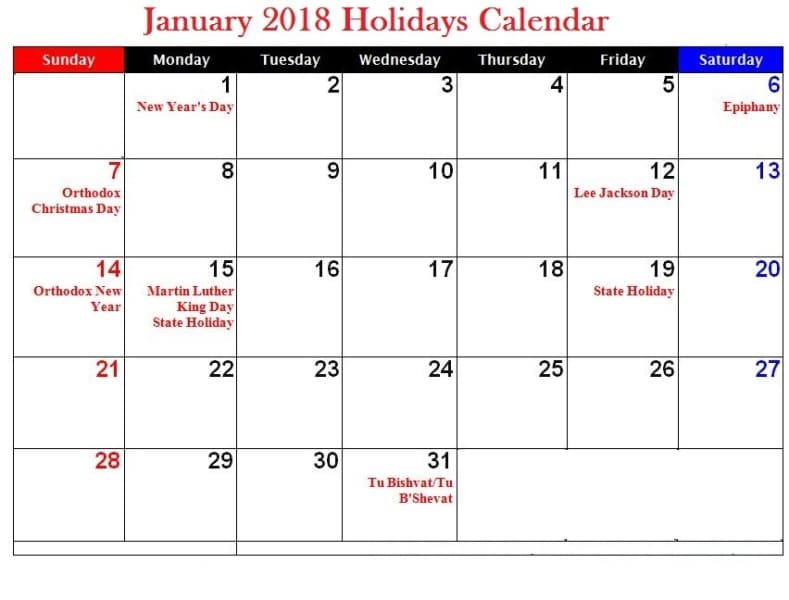 January Calendar 2018 With Holidays Printable