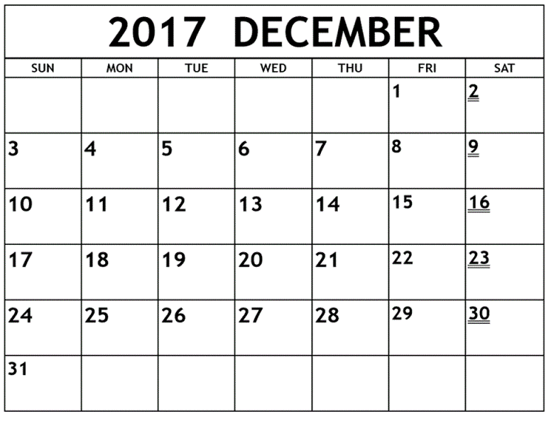 Printable 2017 December Calendar