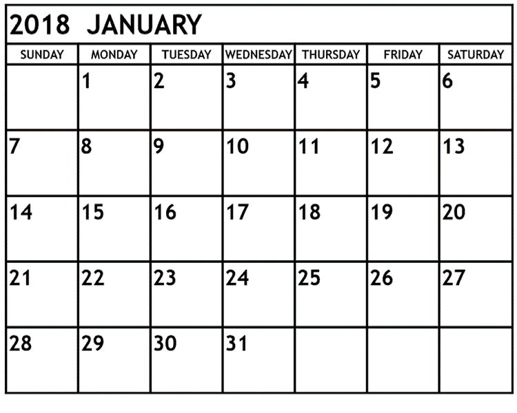 Printable Calendar 2018 January