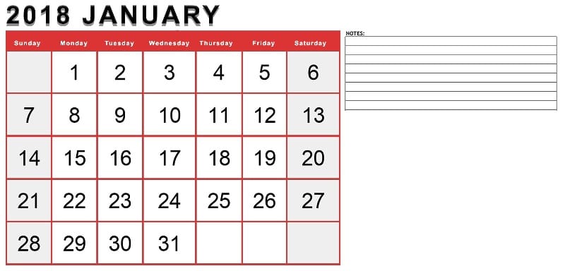Printable Calendar January 2018