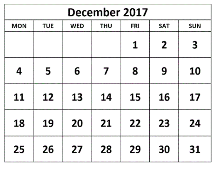 Printable December Calendar 2017