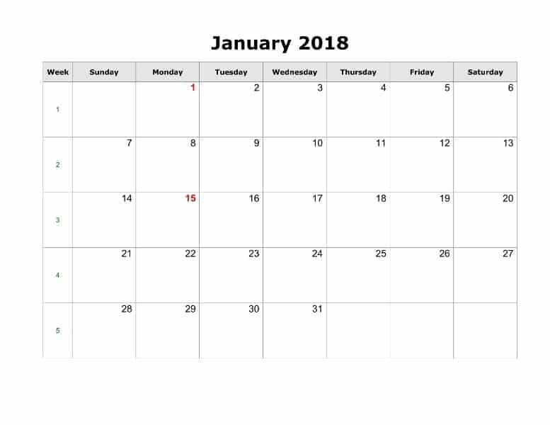 Printable January 2018 Calendar