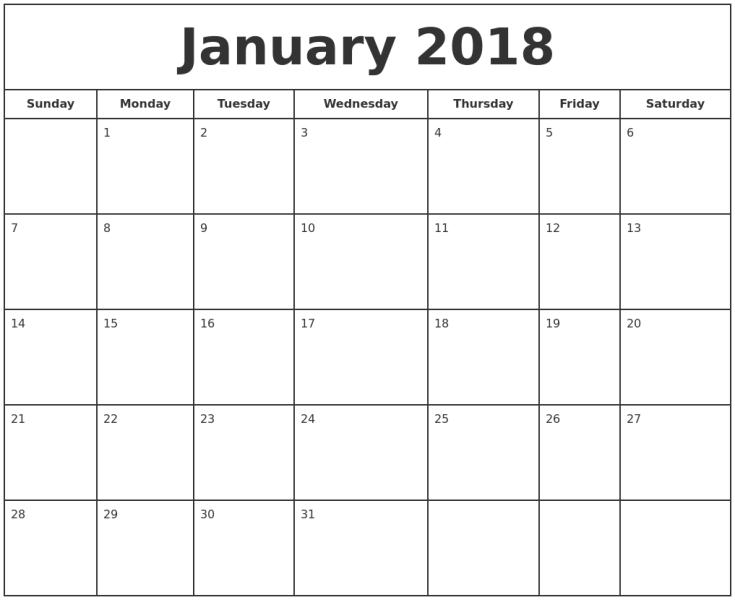 Weekly January 2018 Calendar