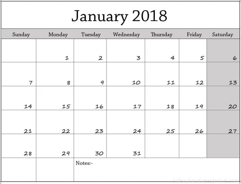 2018 Calendar January Template