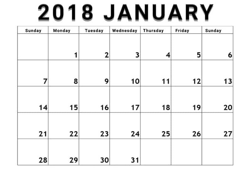 2018 January Calendar Printable