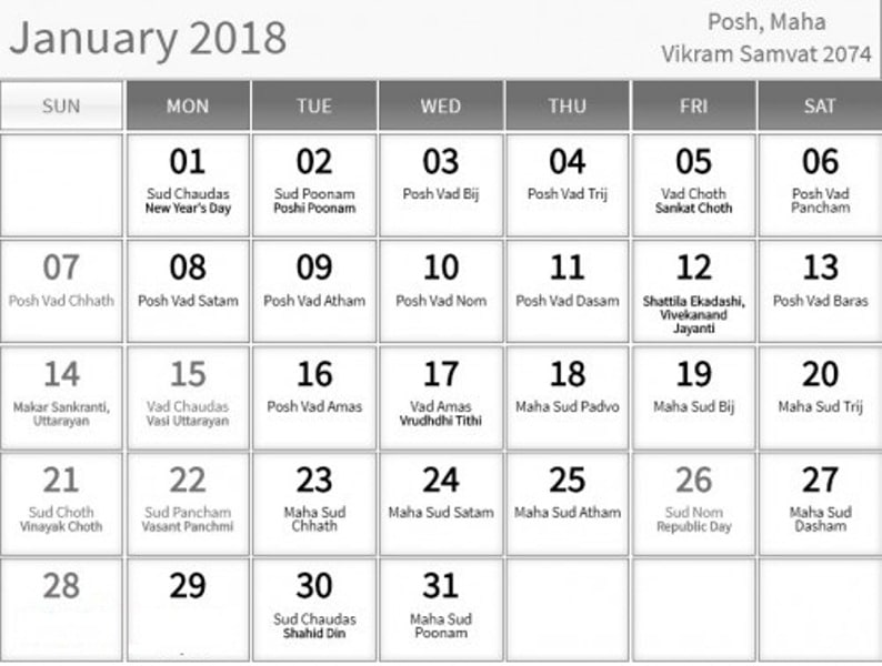 2018 January calendar Telugu