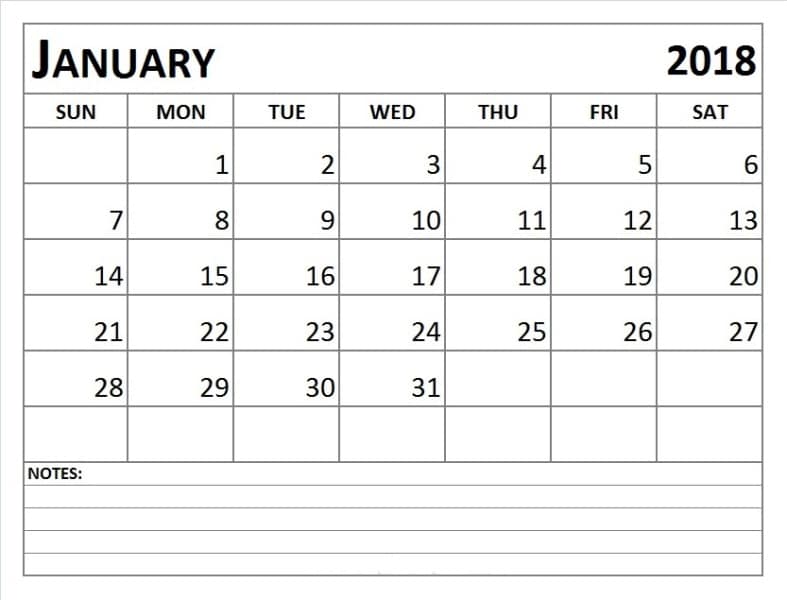 2018 January Calendar Template