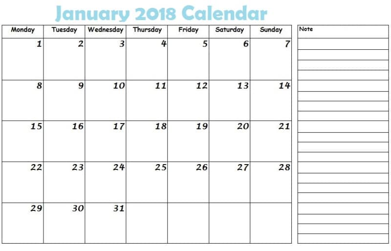 Calendar 2018 January Printable