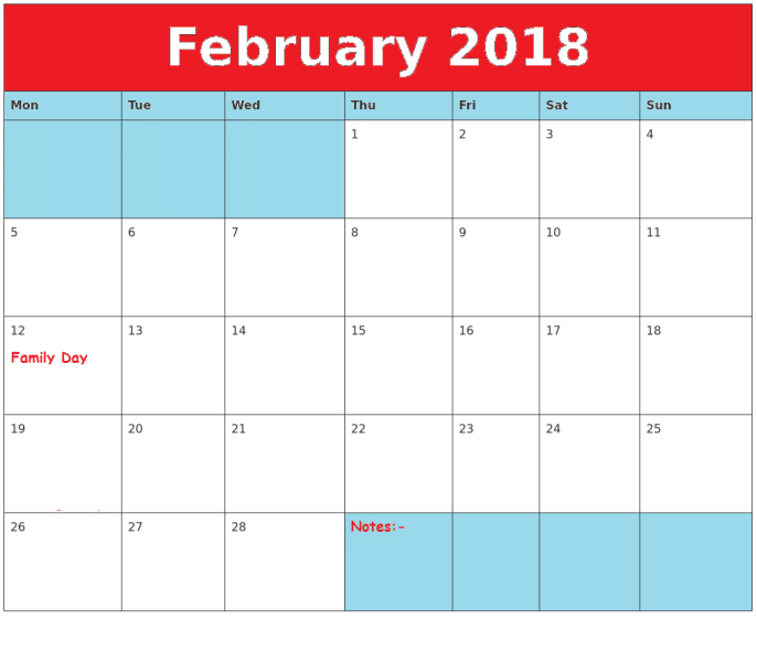 February 2018 Calendar With Holidays template