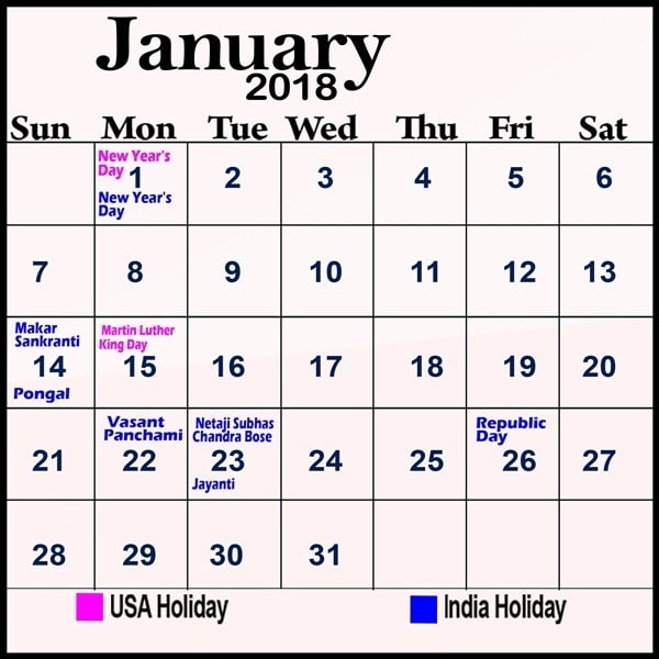 January 2018 Calendar Malayalam