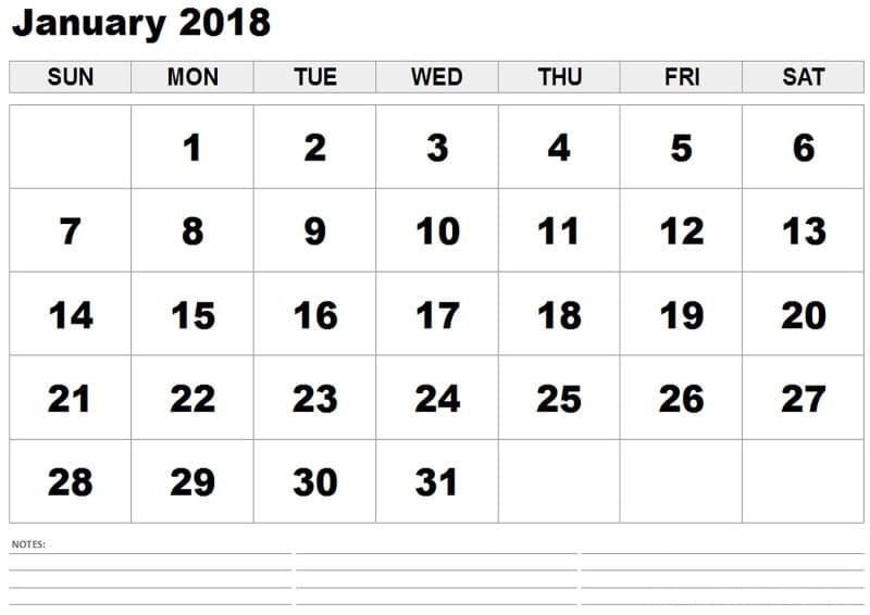 January 2018 Calendar Printable