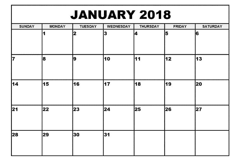 January 2018 Calendar Printable