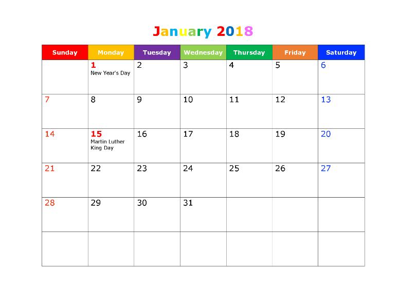 January 2018 Calendar With Holidays