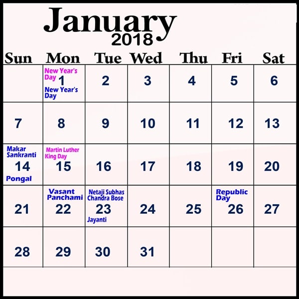 January 2018 Calendar With Holidays UK