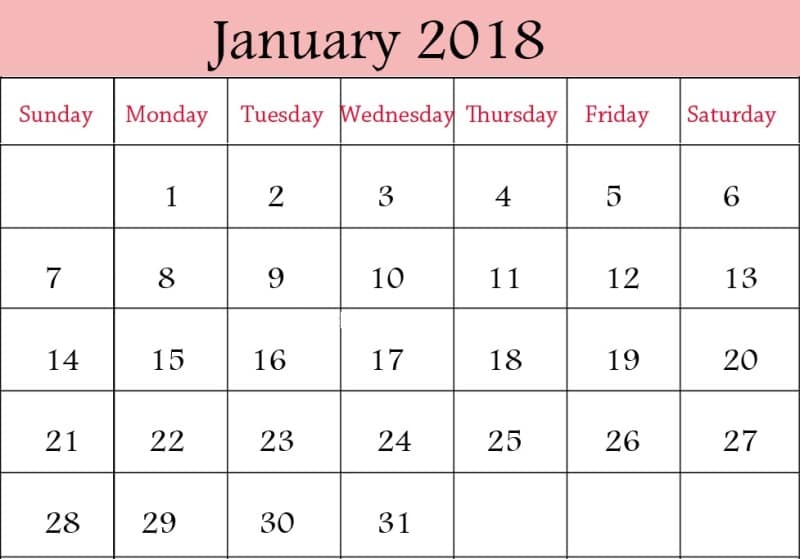 January 2018 Calendar With Holidays