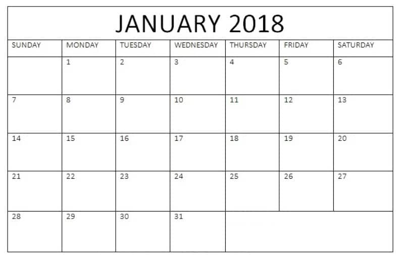 January 2018 Monthly Calendar